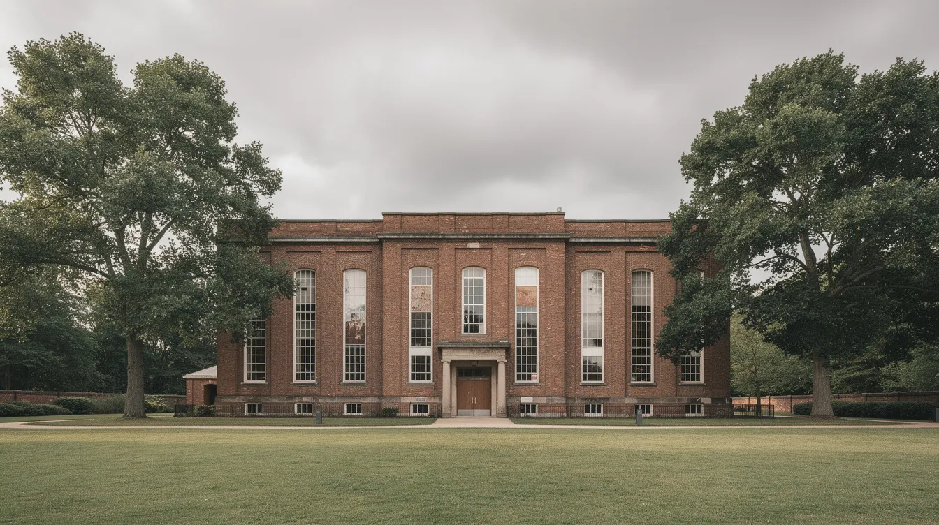 Das Bild zeigt ein altes, symmetrisches Backsteingebäude mit hohen Fenstern, umgeben von einer weitläufigen Rasenfläche und großen Bäumen, unter einem bewölkten Himmel. Diese Szenerie könnte an das Setting eines Films erinnern, der sich mit Themen wie Psychiatrie und Rebellion beschäftigt, ähnlich wie in "Einen Floh über das Kuckucksnest".