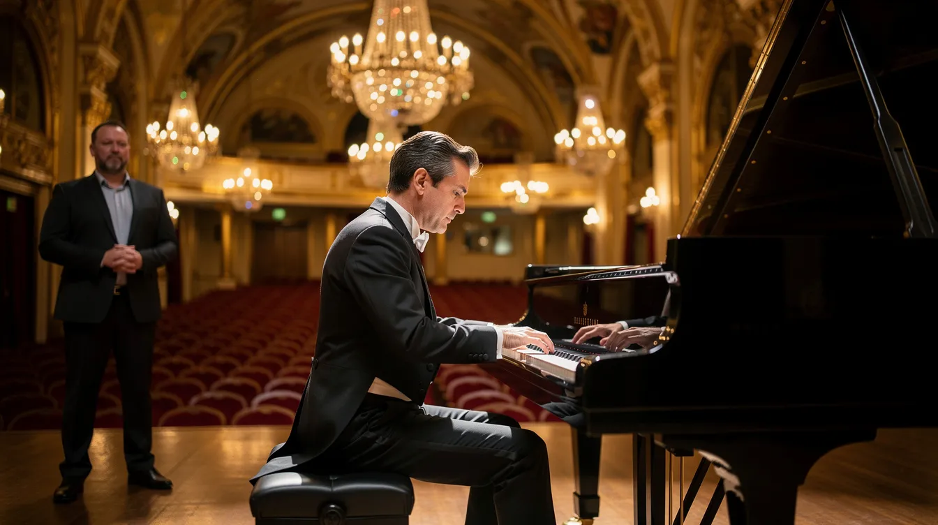 Ein eleganter Pianist in einem Frack sitzt an einem Konzertflügel in einem prachtvollen Saal, während im Hintergrund ein kräftiger Mann in einem schlichten Anzug, möglicherweise der Türsteher, ihn aufmerksam beobachtet. Diese Szene spiegelt die besondere Freundschaft zwischen den Charakteren wider, die in "Green Book – Eine besondere Freundschaft" thematisiert wird.