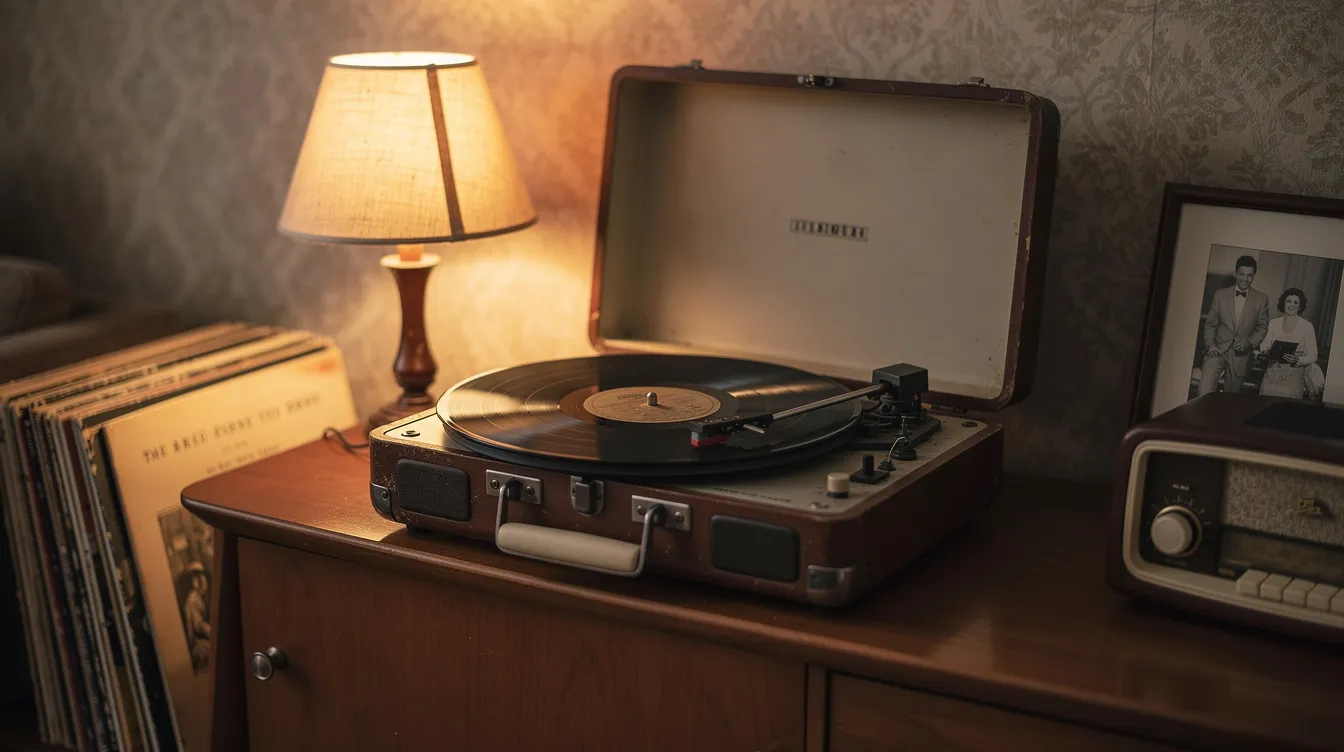 Der alte Plattenspieler steht in einem gemütlichen Raum im Retro-Stil der 1950er Jahre, umgeben von warmer Beleuchtung. Auf der Vinyl-Schallplatte sind nostalgische Klänge zu hören, die an die Coming-of-Age-Geschichte von "Stand by Me" erinnern, in der Freundschaft und Abenteuer im Vordergrund stehen.