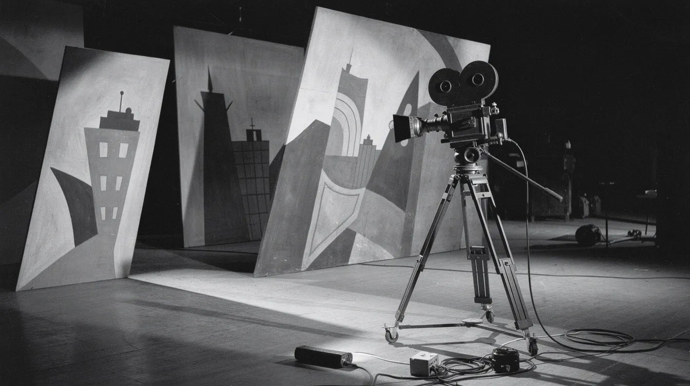 Die Schwarz-Weiß-Szene zeigt ein expressionistisches Filmset mit dramatischen Schatten und schrägen Kulissen, während eine Kamera auf einem Stativ im Vordergrund steht. Diese Darstellung fängt die Atmosphäre der Stummfilmzeit ein und spiegelt die kreative Welt der deutschen Filmproduktion wider.