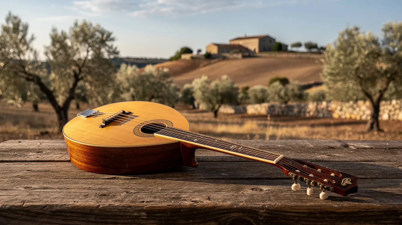 Auf einem rustikalen Holztisch liegt eine traditionelle Mandoline, während im Hintergrund eine malerische mediterrane Landschaft mit Olivenbäumen und sanften Hügeln zu sehen ist. Diese Szenerie erinnert an die Atmosphäre aus "Der Pate", in der Familie und Tradition eine zentrale Rolle spielen.