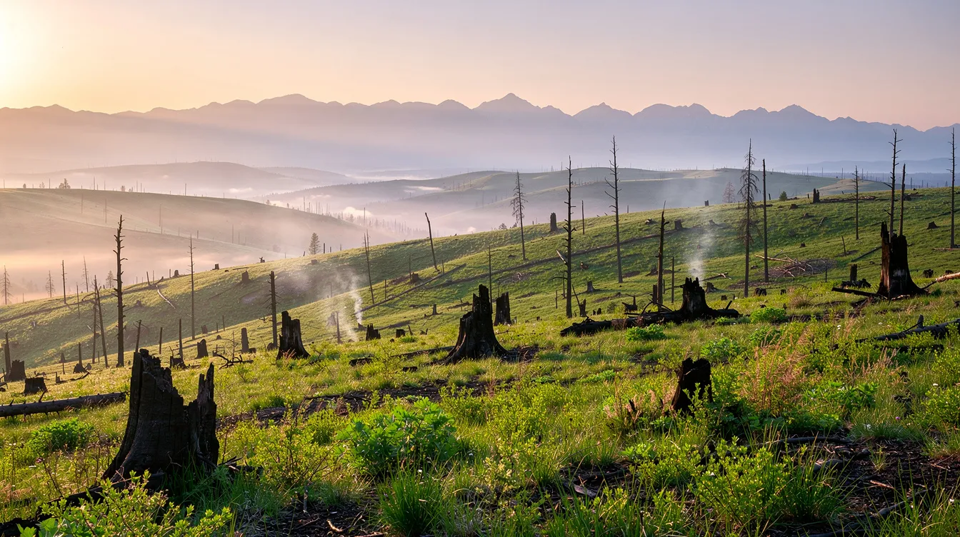 Eine weite, sanft hügelige Landschaft mit frischem Grün, das zwischen verbrannten Baumstümpfen sprießt. Im Hintergrund erheben sich majestätische Berge vor einem sanften Sonnenaufgang, der die Szene in warmes Licht taucht und an die Themen von Hayao Miyazakis "Prinzessin Mononoke" erinnert.