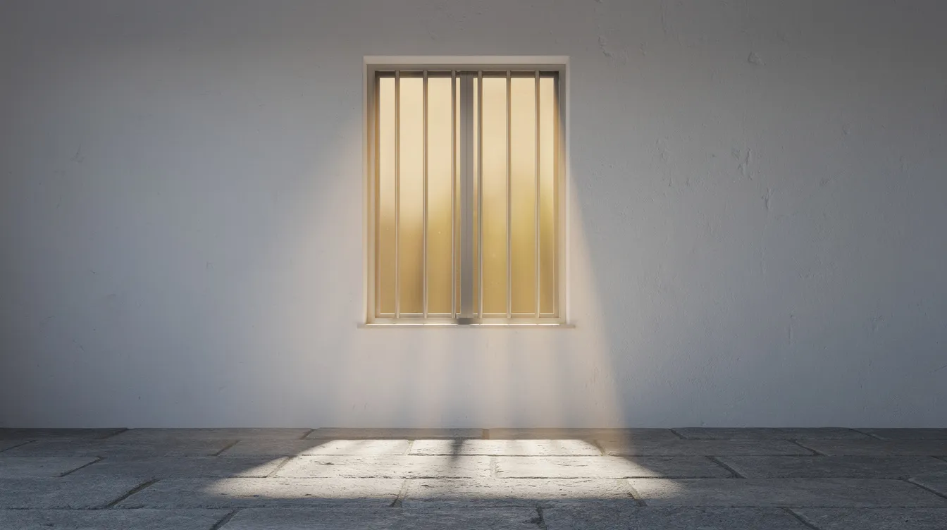 Das Bild zeigt ein vergittertes Fenster in einer weißen Wand, durch das warmes Sonnenlicht auf einen grauen Steinboden fällt. Diese Szene könnte an die Atmosphäre aus dem Film "Einen flog über das Kuckucksnest" erinnern, in dem das Licht oft eine symbolische Rolle spielt.