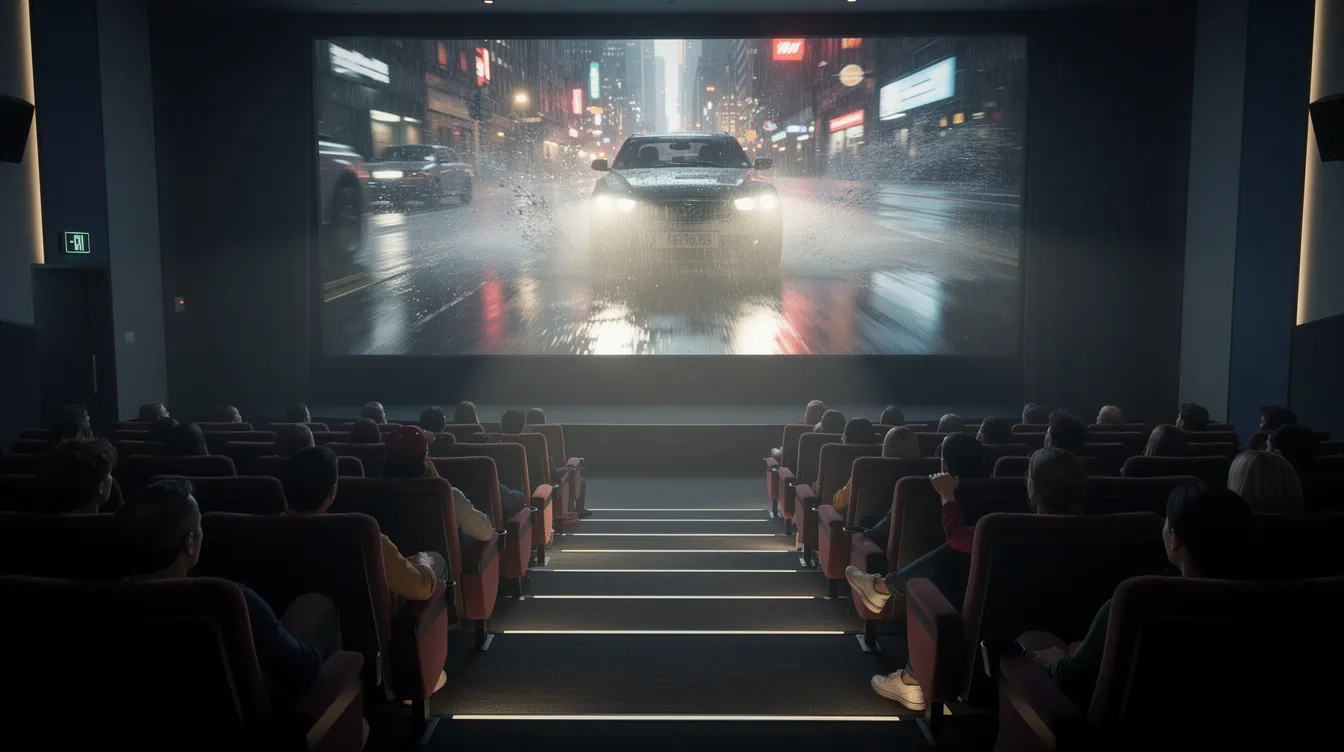 In einem dramatisch beleuchteten Kinosaal sitzen Zuschauer gebannt auf ihren Plätzen und verfolgen gespannt eine spannende Filmszene auf der Leinwand, die Teil eines fesselnden Story-Arcs ist. Die Atmosphäre ist intensiv, während sich die Charaktere im Verlauf der Geschichte entwickeln und die Handlung ihren Höhepunkt erreicht.