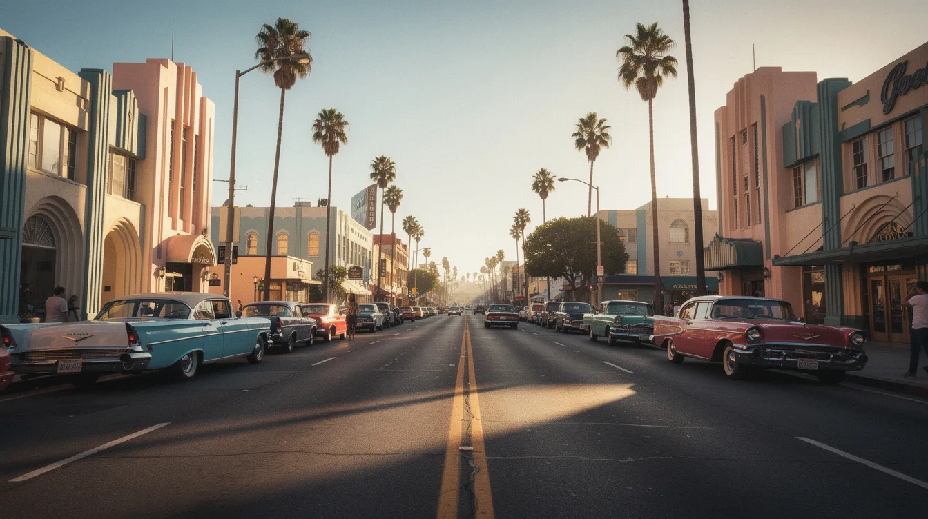 Die breite, palmengesäumte Straße in Los Angeles zeigt Art-Deco-Gebäude und parkende Oldtimer, während das warme Nachmittagslicht lange Schatten wirft. Diese Szenerie erinnert an die Atmosphäre des Films "L.A. Confidential", der die dunklen Seiten des alten Hollywoods thematisiert.