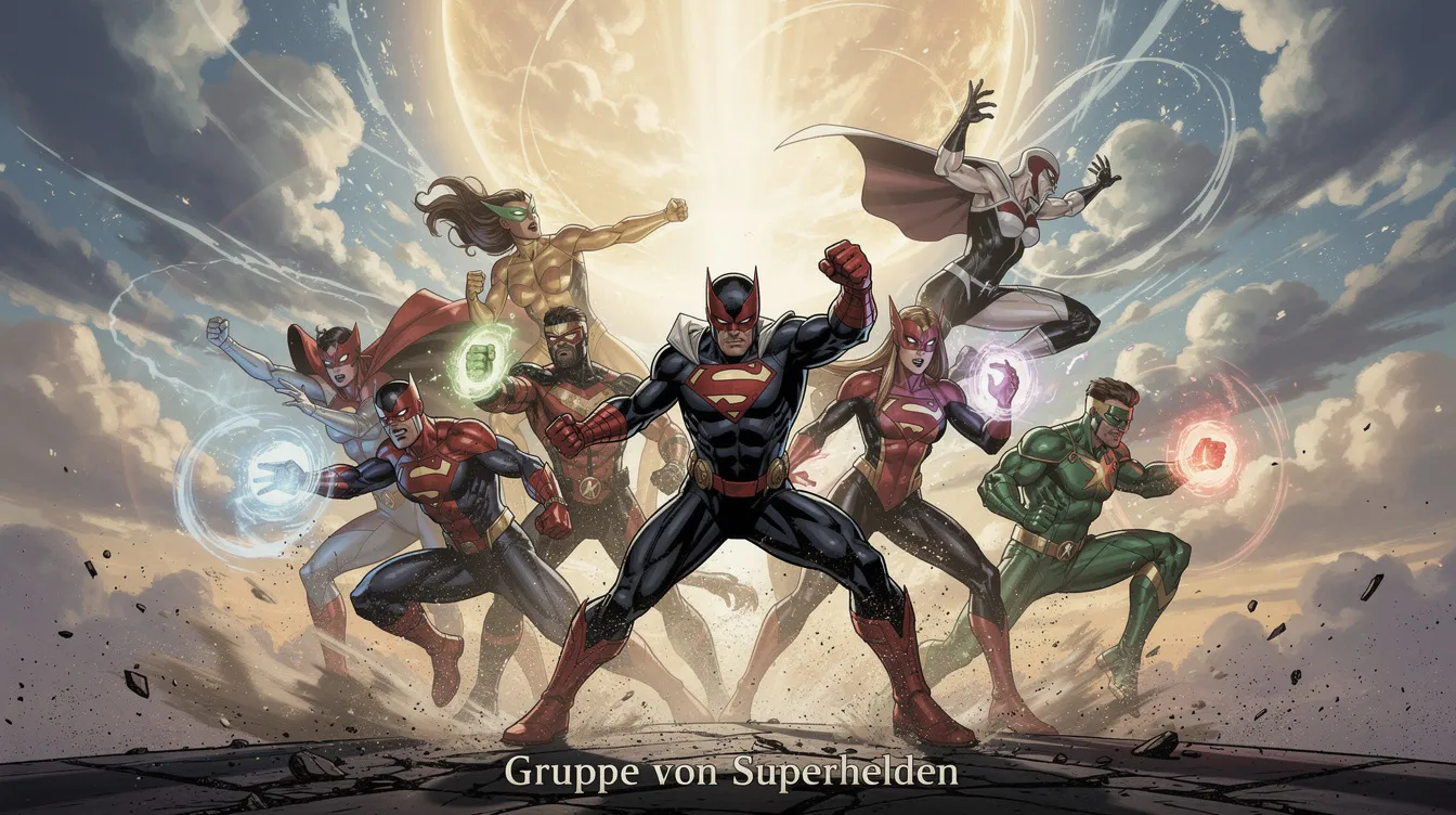 Eine Gruppe von Superhelden, darunter Thor und Black Widow, steht in dramatischer Kampfpose vor einem glühenden Himmel, umgeben von beeindruckenden Energieeffekten. Diese Szene erinnert an die epischen Auseinandersetzungen aus "Avengers: Endgame" und "Infinity War".