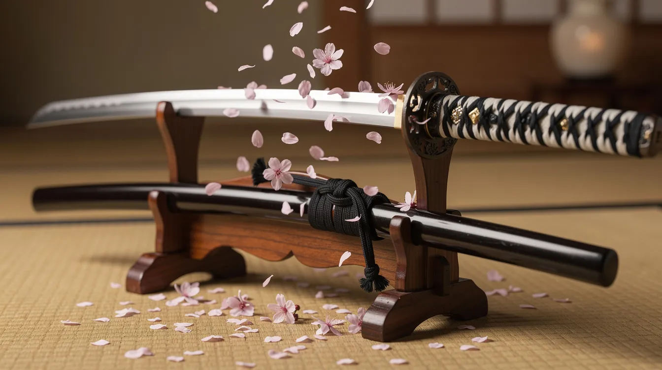 Auf einem Holzständer ruht ein traditionelles japanisches Katana-Schwert, während zarte Kirschblütenblätter sanft darauf herabfallen. Diese Szene vermittelt die kulturelle Bedeutung des Schwertes in der Samurai-Tradition und erinnert an Rituale wie Seppuku, die mit Ehre und Tod verbunden sind.