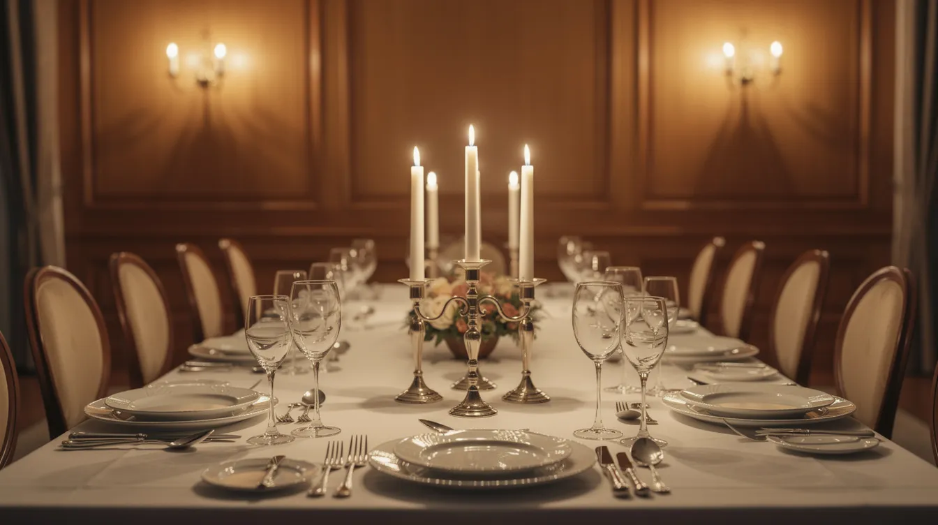 Ein elegant gedeckter Esstisch in einem großzügigen Esszimmer, umgeben von Holzverkleidungen, mit brennenden Kerzen und bereitstehenden Weingläsern, die eine gemütliche und festliche Atmosphäre schaffen. Der Tisch ist perfekt für ein geselliges Beisammensein mit Freunden oder Familie.