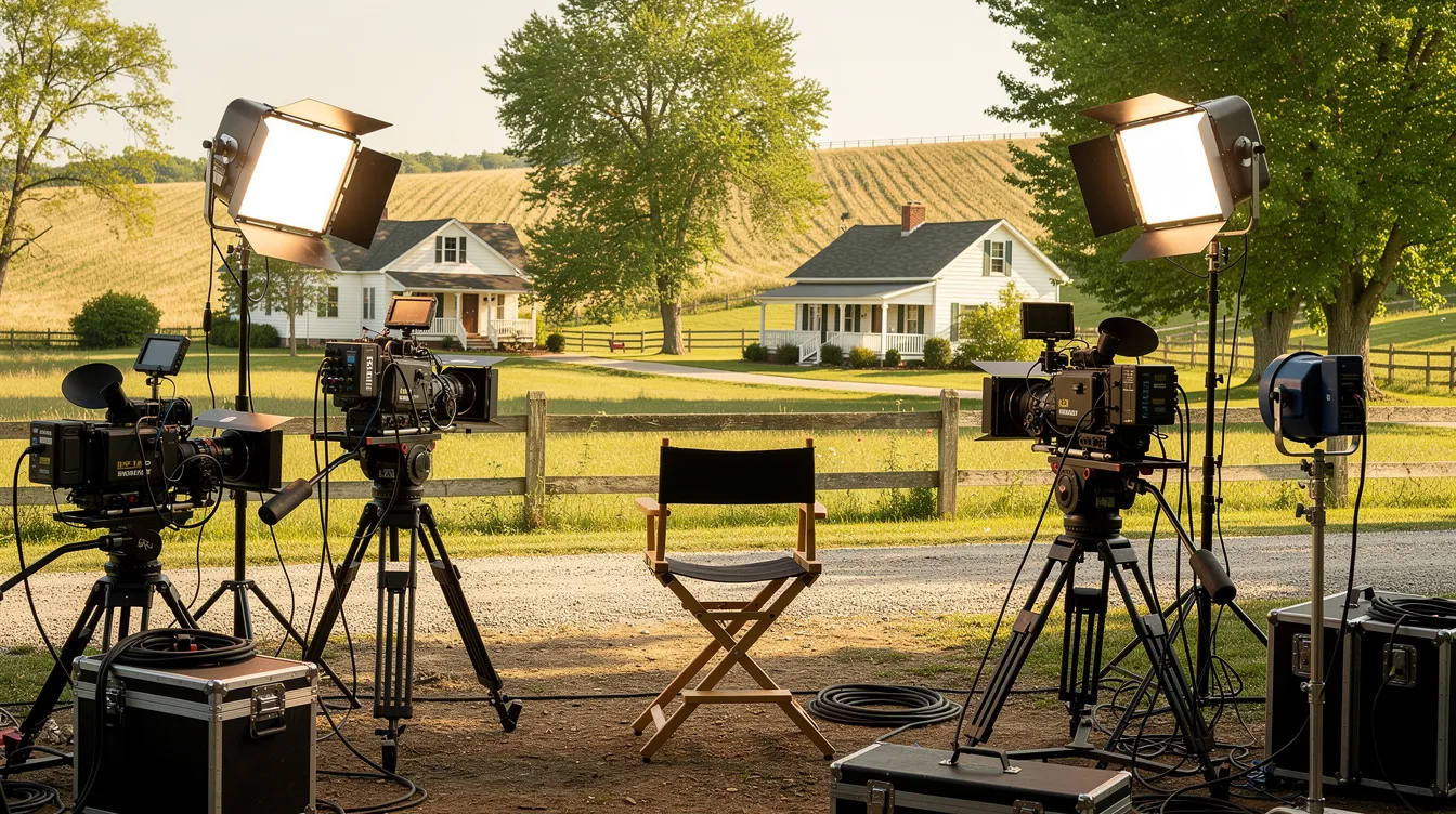 Das Bild zeigt ein Filmset mit Kameras und Scheinwerfern, während ein Regiestuhl im Vordergrund steht. Im Hintergrund erstreckt sich eine ländliche amerikanische Szenerie mit weißen Holzhäusern, die an die Kulisse aus "Forrest Gump" erinnert.