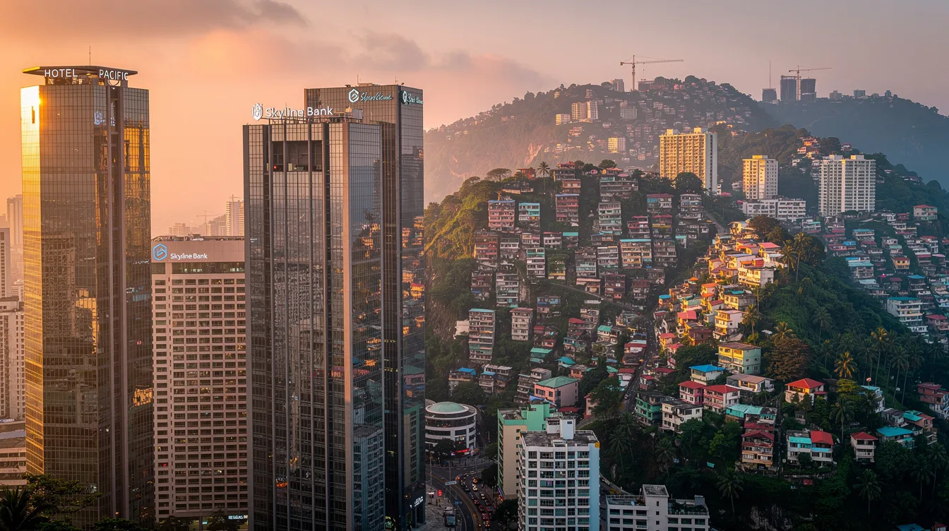 Die Skyline einer tropischen Großstadt zeigt moderne Hochhäuser im Vordergrund, während im Hintergrund dicht bebaute Hügel und Favelas zu sehen sind, die an die "Cidade de Deus" in Rio de Janeiro erinnern. Diese Szene vermittelt ein Gefühl von urbanem Leben und den Herausforderungen, die in den Armenvierteln bestehen.