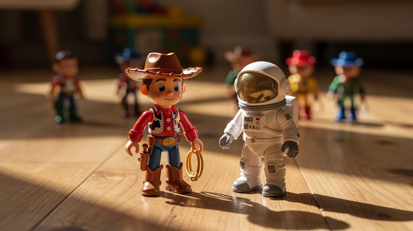Auf dem Kinderzimmerboden aus Holzdielen stehen bunte Spielzeugfiguren aus Plastik, darunter ein Cowboy und ein Astronaut, die von Sonnenlicht beleuchtet werden. Diese lebhaften Figuren erinnern an die Abenteuer aus beliebten Pixar-Filmen wie "Toy Story".