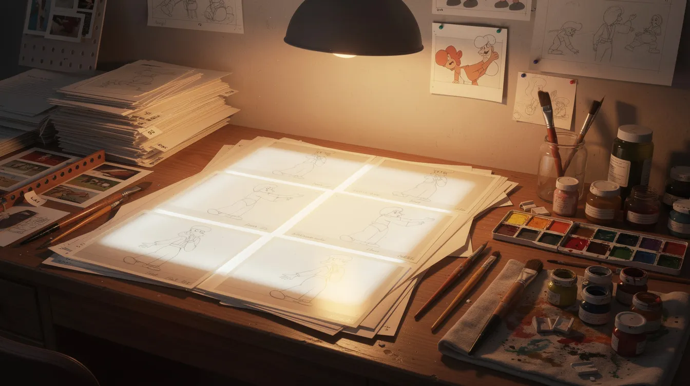 Ein Animationsstudio-Arbeitsplatz ist in warmem Licht beleuchtet und zeigt handgezeichnete Einzelbilder (Cels), Farbpaletten, Pinsel und einen Leuchttisch. Diese kreative Umgebung erinnert an die Werke von Hayao Miyazaki und das Studio Ghibli, wie "Prinzessin Mononoke".