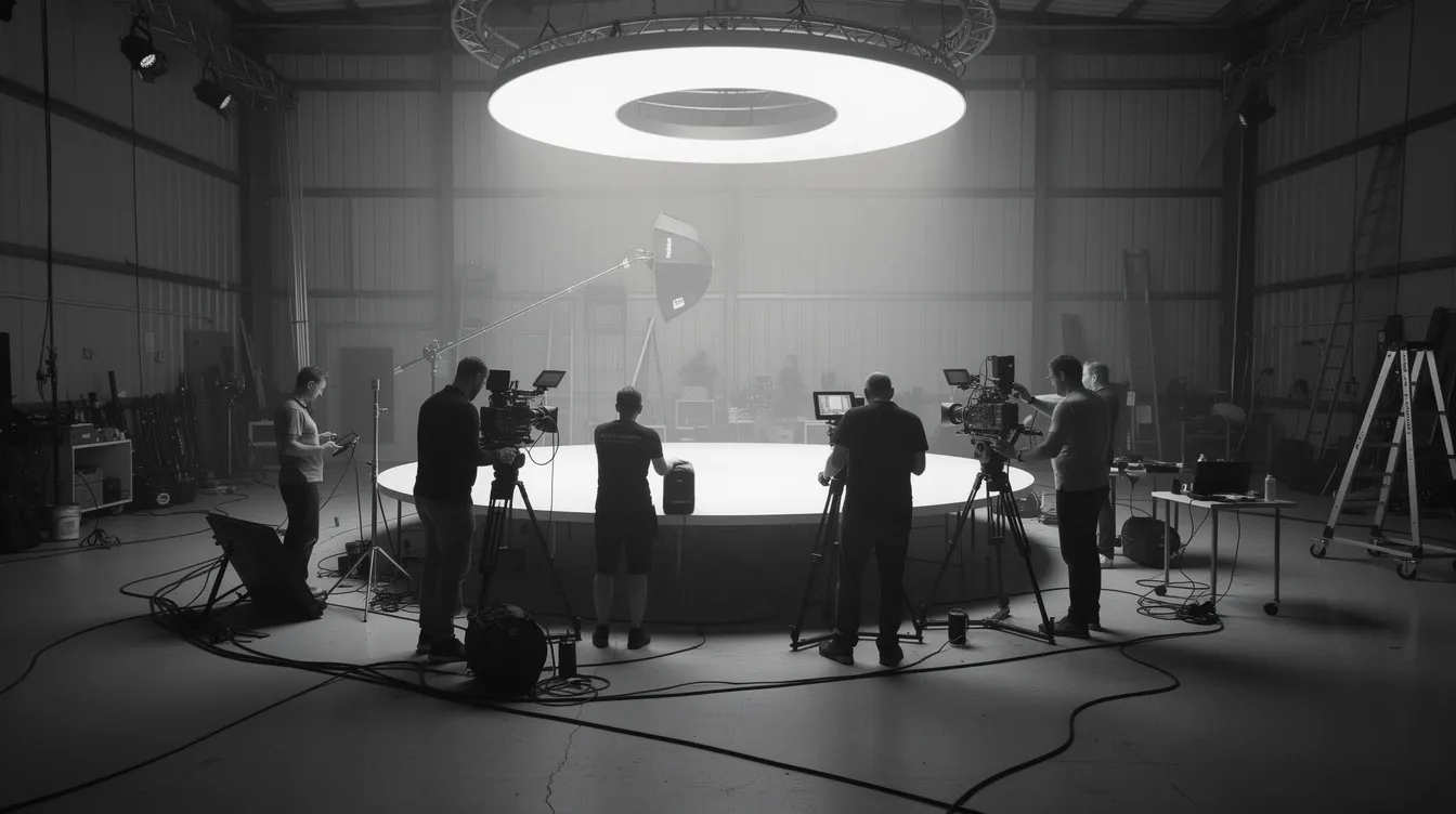 In einer großen Filmstudio-Halle steht ein kreisrunder Tisch in der Mitte, umgeben von einem Kamerateam, das bei der Arbeit ist. Die Szene ist in Schwarz-Weiß gehalten und wird von einer Ringbeleuchtung von oben erhellt, was eine Atmosphäre schafft, die an den Klassiker "Dr. Seltsam oder: Wie ich lernte, die Bombe zu lieben" erinnert.