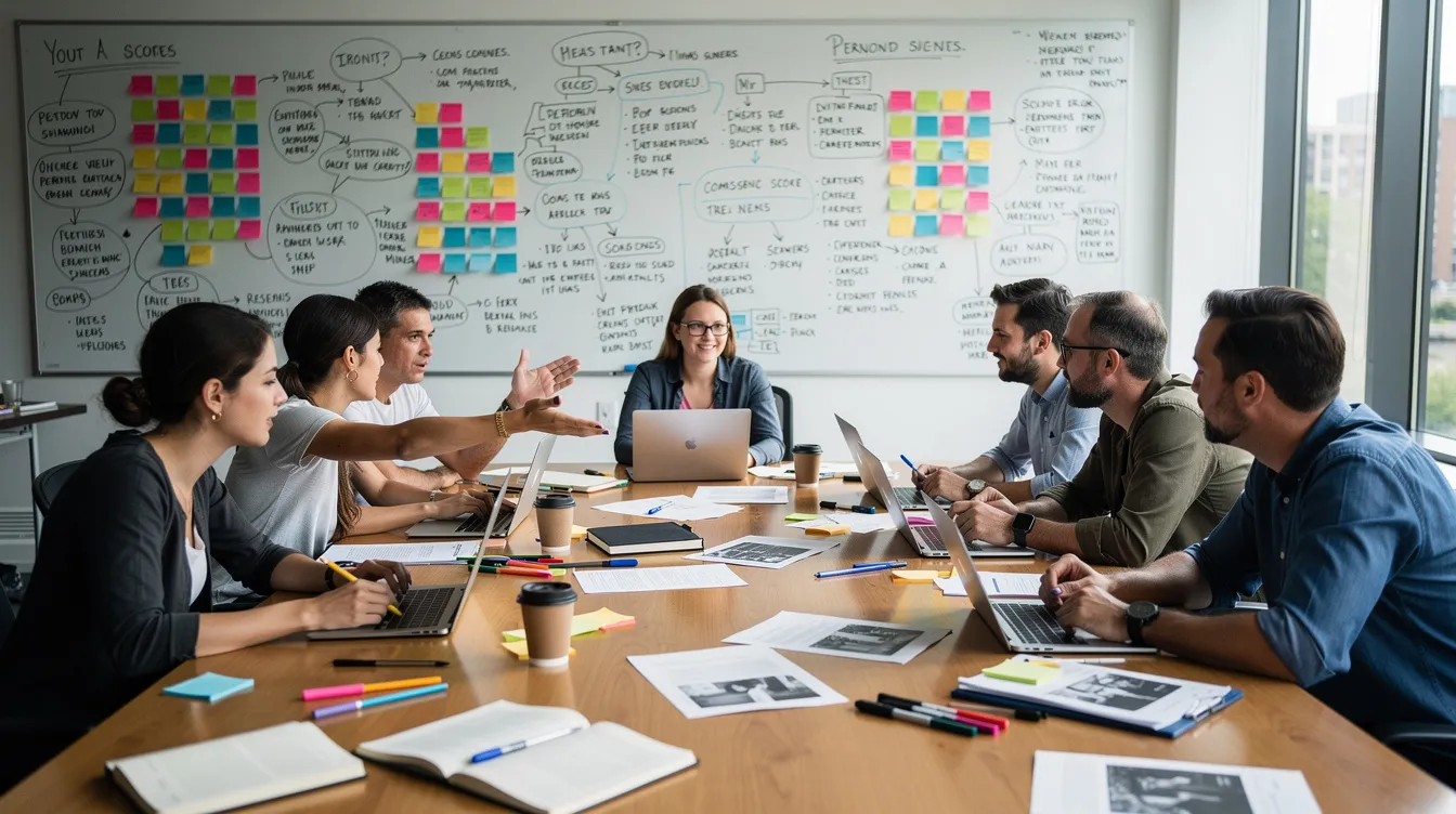 Ein Team von Autorinnen und Autoren sitzt an einem großen Tisch in einem kreativen Raum, umgeben von Whiteboards voller Notizen und bunten Post-its, während sie gemeinsam an Storylines für eine neue Serie arbeiten. Die Atmosphäre ist lebhaft, da die Beteiligten Ideen austauschen und Feedback zu den Charakteren und der Handlung geben.