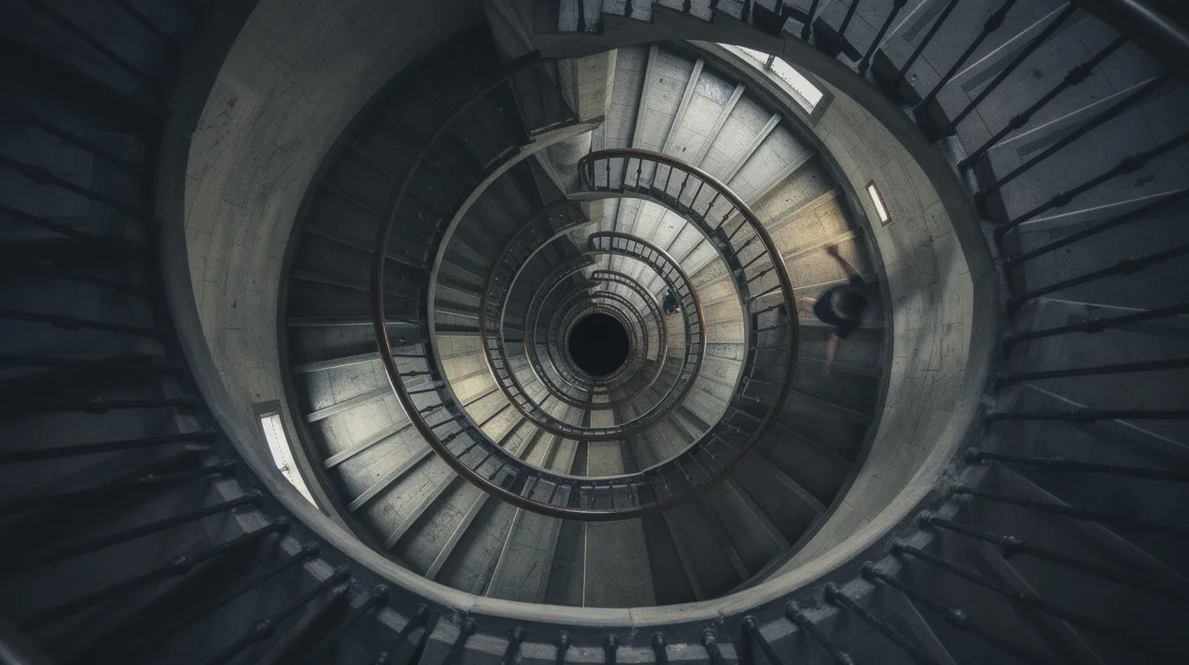Die spiralförmige Wendeltreppe ist aus der Vogelperspektive fotografiert, wodurch eine dramatische Tiefenwirkung und ein Gefühl von Schwindel entsteht. Diese Komposition erinnert an die spannungsgeladenen Elemente in Alfred Hitchcocks Filmen, die oft mit Abgründen und Angst spielen.