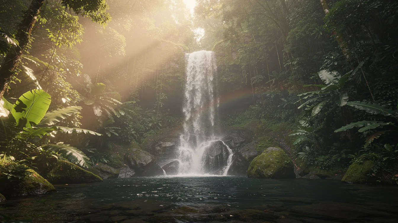 Ein nebliger, tropischer Wasserfall strömt sanft durch üppiges, grünes Blattwerk, während Sonnenstrahlen durch die dichte Vegetation brechen und eine mystische Atmosphäre schaffen. Diese idyllische Szene erinnert an die eindrucksvollen Kompositionen von Ennio Morricone, die oft die Schönheit der Natur in Filmen wie "Der Zauber von Malèna" einfängt.