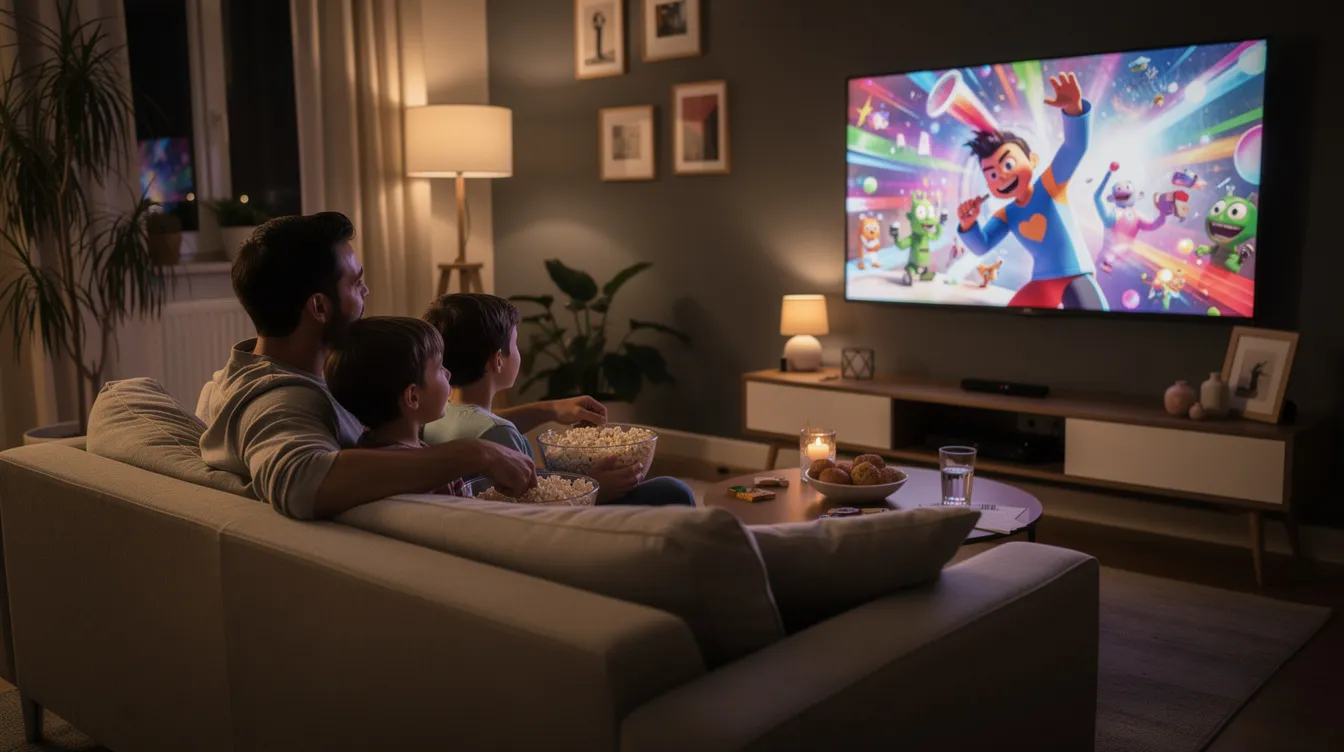 Eine moderne Familie sitzt gemütlich auf dem Sofa und genießt Popcorn, während sie einen bunten Animationsfilm auf dem großen Flachbildfernseher schaut. Das Zimmer ist warm beleuchtet und schafft eine einladende Atmosphäre für einen entspannten Filmabend mit Kindern und Erwachsenen.