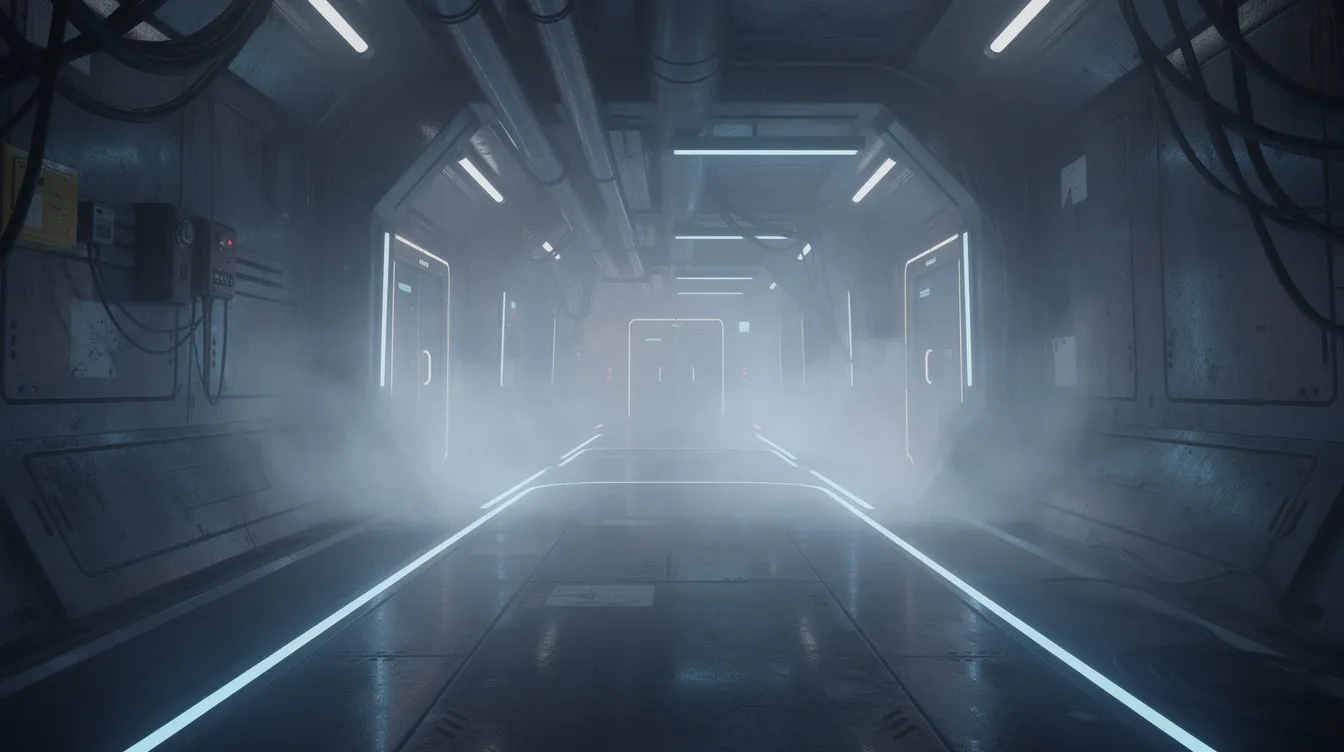 Ein dunkler industrieller Korridor in einer futuristischen Raumstation ist von dichtem Nebel umhüllt, während blaue Neonlichter die metallischen Wände beleuchten. Diese Szenerie erinnert an die düstere Atmosphäre aus dem Film "Aliens – Die Rückkehr", in dem Ellen Ripley und ihr Team gegen die Gefahren des Planeten LV-426 kämpfen.