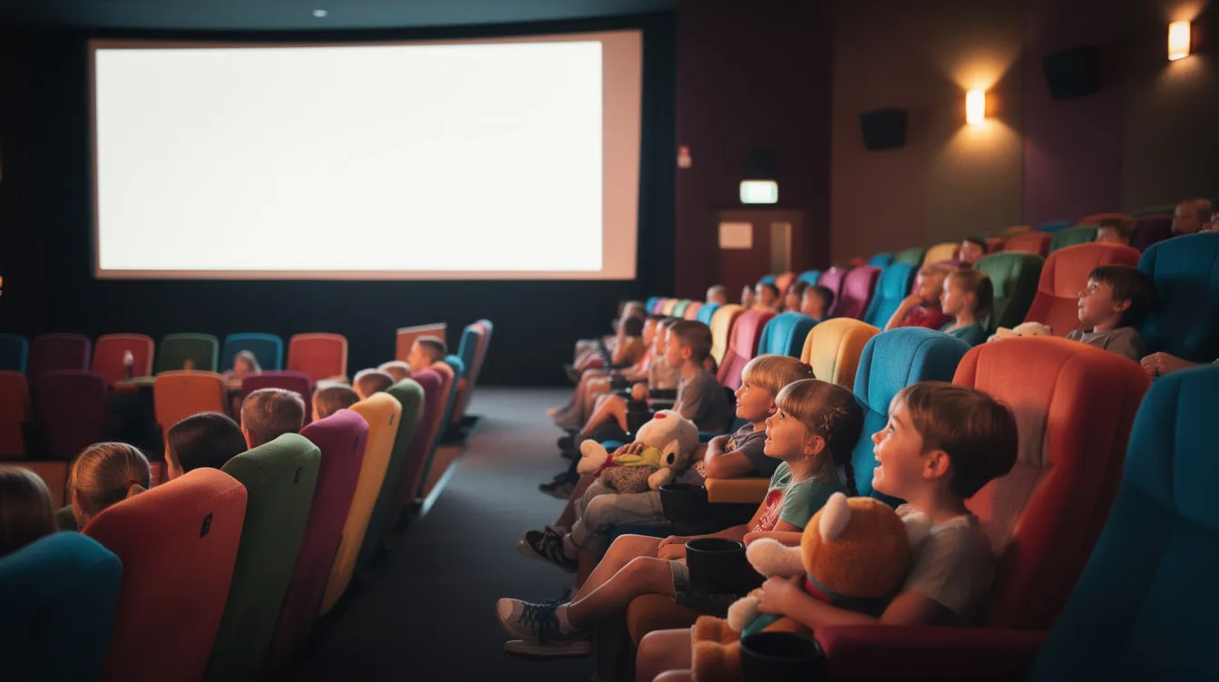 Eine bunte Szene aus einem Kinderkino zeigt junge Zuschauer, die gespannt auf eine große Leinwand schauen. Die Sitze sind farbenfroh und das Licht ist gedämpft, was eine gemütliche Atmosphäre für die kleinen Filmfans schafft.