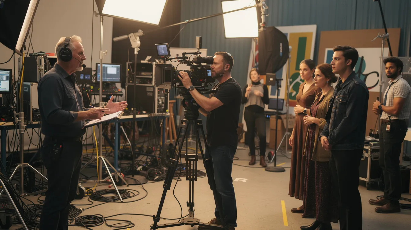 Auf dem Bild ist eine Filmcrew zu sehen, die an einem Filmset arbeitet. Der Kameramann steht hinter der Kamera, während der Regisseur Anweisungen gibt und die Schauspieler sich in Position bringen, um eine dramatische Szene zu drehen.