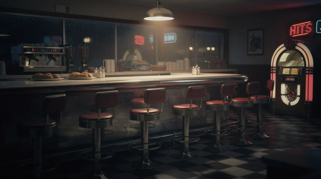 Das Bild zeigt ein nostalgisches amerikanisches Diner aus den 1950er Jahren, mit einer glänzenden Chromtheke und roten Lederhockern. Eine einzelne Deckenlampe wirft einen warmen Lichtkegel auf die Theke, was eine einladende Atmosphäre schafft, die an alte Hollywood-Filme erinnert.