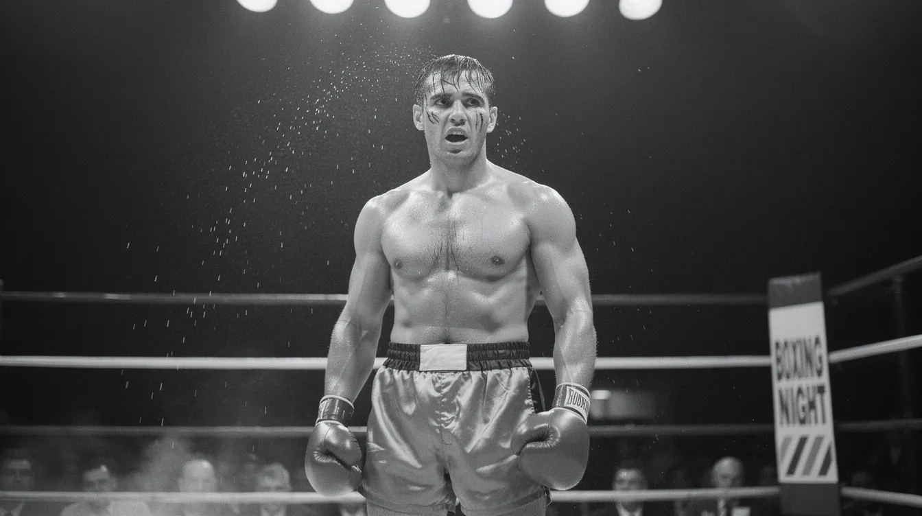 Die Schwarzweißaufnahme zeigt einen kraftvollen weißen Boxer im Ring, beleuchtet von grellem Scheinwerferlicht, während Schweißtropfen im Gegenlicht funkeln. Diese Szene vermittelt die Intensität des Boxkampfes und erinnert an den legendären "raging bull", Jake La Motta, und die Atmosphäre eines klassischen Boxfilms.