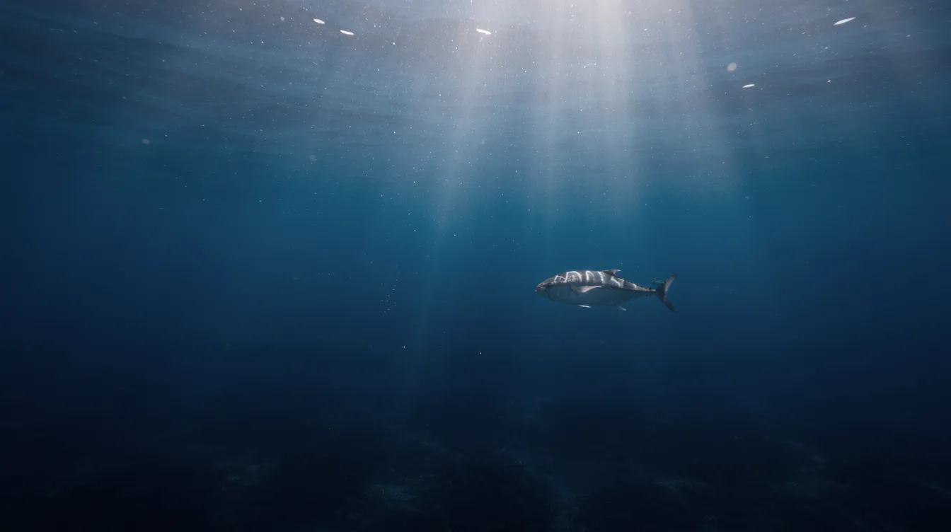 Ein weites, offenes Meer mit tiefblauem Wasser erstreckt sich bis zum Horizont, während ein einzelner kleiner Clownfisch in der endlosen Weite schwimmt. Sonnenstrahlen durchdringen die Wasseroberfläche und tauchen die Unterwasserwelt in ein magisches Licht, das an die Abenteuer von Marlin und Dory aus dem Animationsfilm "Findet Nemo" erinnert.