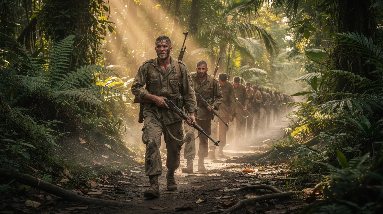 Eine Gruppe von Soldaten in zerschlissenen Uniformen marschiert durch einen tropischen Dschungelpfad, während Sonnenstrahlen durch das dichte Blätterdach fallen. Diese Szene erinnert an die dramatischen Momente in „Die Brücke am Kwai“, wo der Krieg und die Natur auf eindrucksvolle Weise miteinander verbunden sind.
