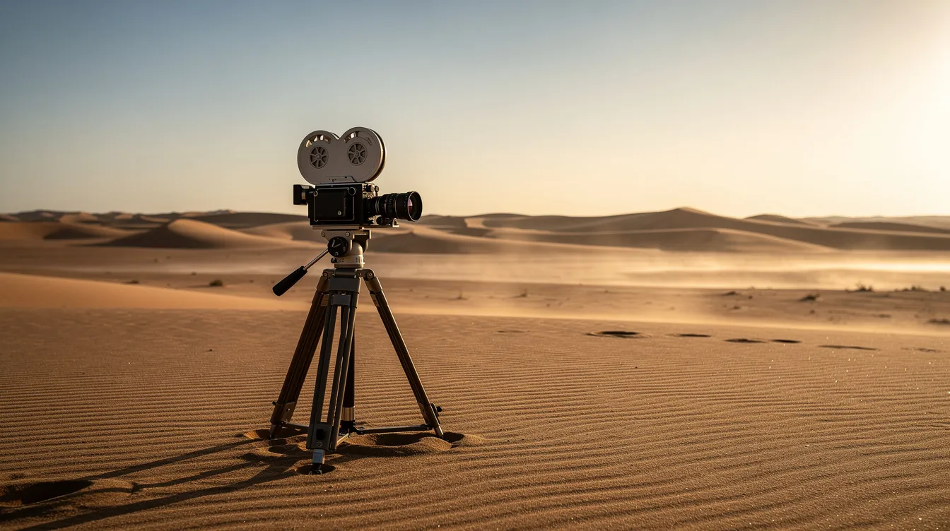 Eine Filmkamera auf einem Stativ steht in einer weiten Wüstenlandschaft, umgeben von sanften Sanddünen, die sich bis zum Horizont erstrecken. Die Szene vermittelt ein Gefühl von Einsamkeit und Abenteuer, ideal für filmische Aufnahmen und kreative Projekte.