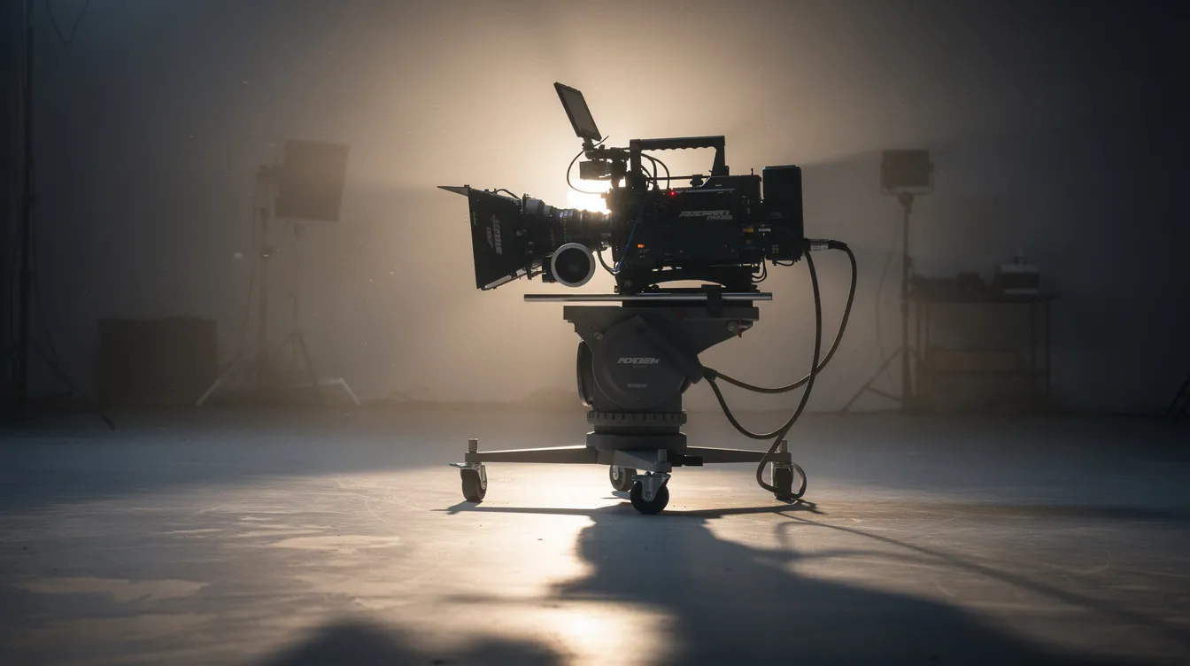 Auf dem Set einer Filmproduktion steht eine Filmkamera, die im dramatischen Gegenlicht lange Schatten auf den Studioboden wirft. Diese Atmosphäre erinnert an die Spannung und die komplexen Charaktere aus "The Departed - Unter Feinden", in dem Figuren wie Frank Costello und Billy Costigan eine zentrale Rolle spielen.