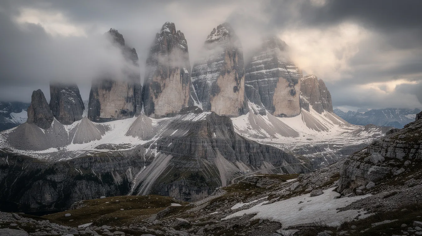 Eine dramatische Berglandschaft der Dolomiten zeigt schneebedeckte Gipfel und steile Felswände unter einem wolkigen Himmel. Die beeindruckende Szenerie könnte als Kulisse für einen actiongeladenen Film wie "Cliffhanger – Nur die Starken" dienen, in dem Spannung und Rettung im Gebirge im Mittelpunkt stehen.