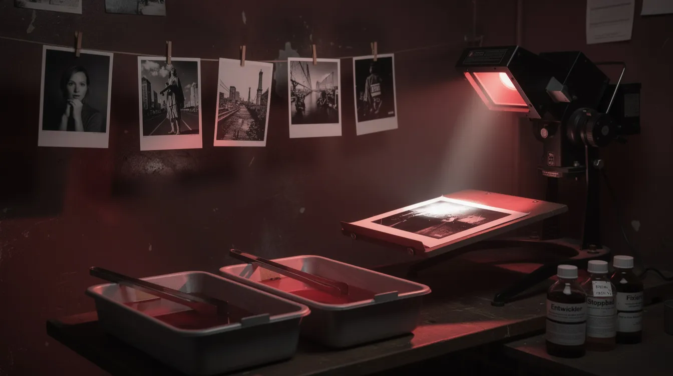 In einer Dunkelkammer, beleuchtet von einem roten Sicherheitslicht, projiziert ein Vergrößerer ein Negativ auf Fotopapier, während daneben fertige Schwarzweiß-Abzüge an einer Wäscheleine hängen. Diese Szene zeigt die Technik der Analogfotografie und die kreative Arbeit eines Fotografen im Fotolabor.