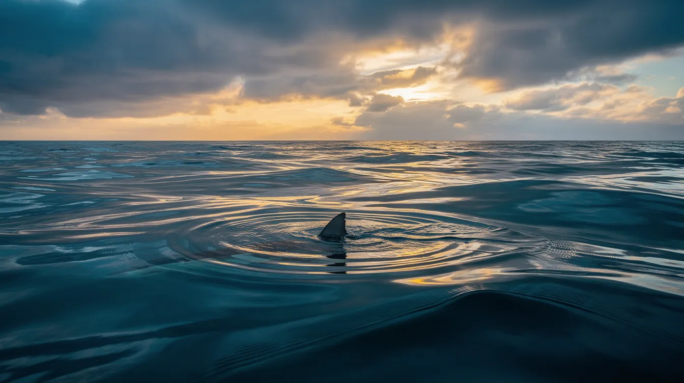 Auf der weiten Ozeanoberfläche durchbricht eine einzelne dunkle Haiflosse das Wasser, während dramatisches Abendlicht in goldenen und blauen Farbtönen auf die Szene fällt. Dieses Bild erinnert an die Spannung und den Schrecken des Films "Der weiße Hai", der von Steven Spielberg inszeniert wurde.