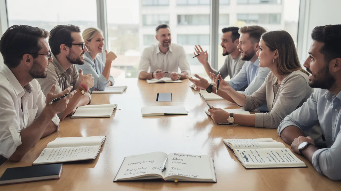 Eine Gruppe von Menschen sitzt um einen großen Tisch, auf dem Notizbücher verteilt sind, und diskutiert lebhaft über verschiedene Themen. Die Atmosphäre ist von Interesse und Kreativität geprägt, während sie Ideen austauschen und gemeinsam an einem Projekt arbeiten.