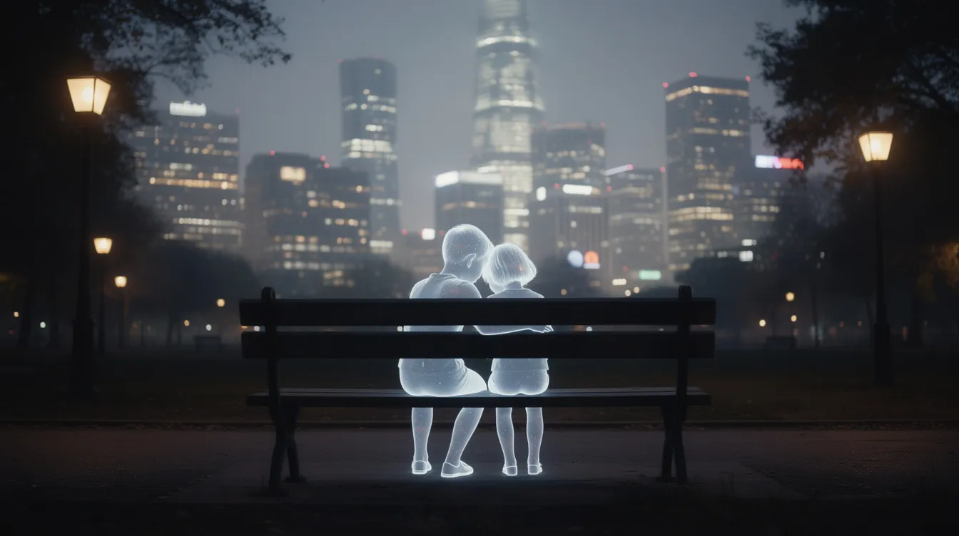 Zwei durchscheinende Kinderfiguren sitzen auf einer Parkbank und blicken melancholisch über eine moderne Großstadtskyline bei Nacht, während warmes Licht mit der Stadtbeleuchtung verschmilzt. Die ruhige Atmosphäre erinnert an die letzten Glühwürmchen und die Themen von Isao Takahatas Werk „Grave of the Fireflies“.