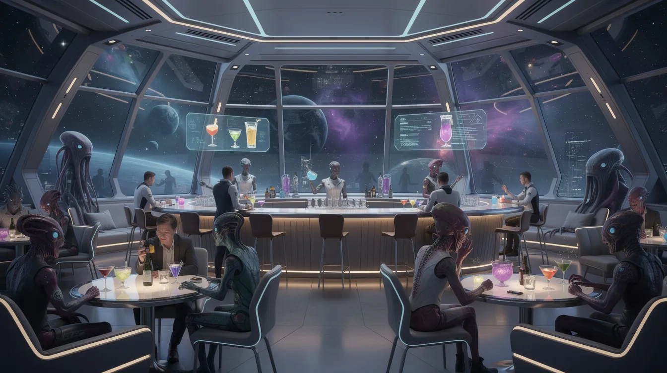 In einer futuristischen Bar im Inneren eines Raumschiffs, das an die "Star Trek: The Next Generation"-Serie erinnert, sitzen Menschen und verschiedene außerirdische Wesen an Tischen, während große Panoramafenster einen atemberaubenden Blick auf den Weltraum bieten. Die Atmosphäre ist lebhaft und multikulturell, was an die Vielfalt der Besatzung der Raumschiff Enterprise erinnert.