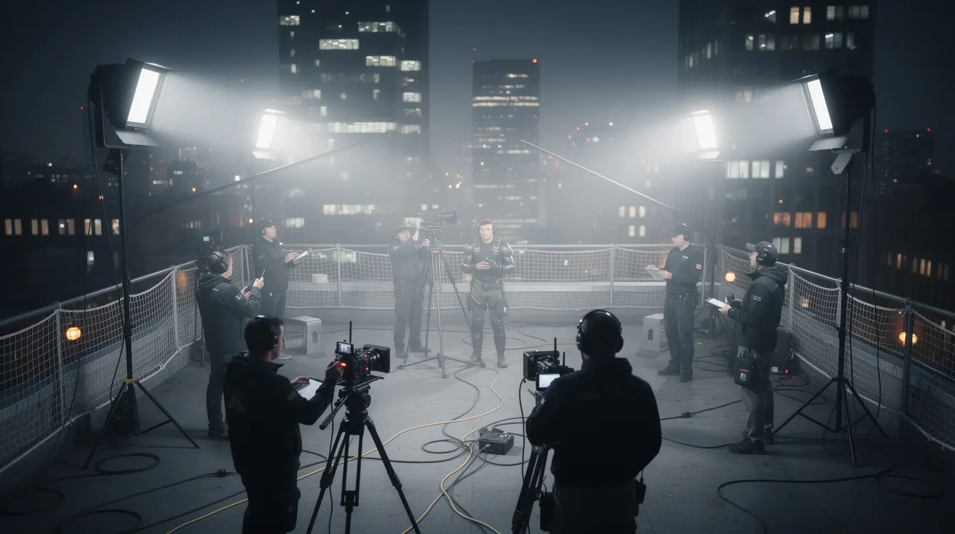Eine Filmcrew bereitet sich bei Nacht auf einem Gebäudedach in Los Angeles auf einen Stunt vor. Umgeben von Scheinwerfern, Kameras und Sicherheitsnetzen, erinnert die Szenerie an die actiongeladenen Momente aus „Stirb langsam“, in denen John McClane, gespielt von Bruce Willis, gegen die Zeit kämpft.