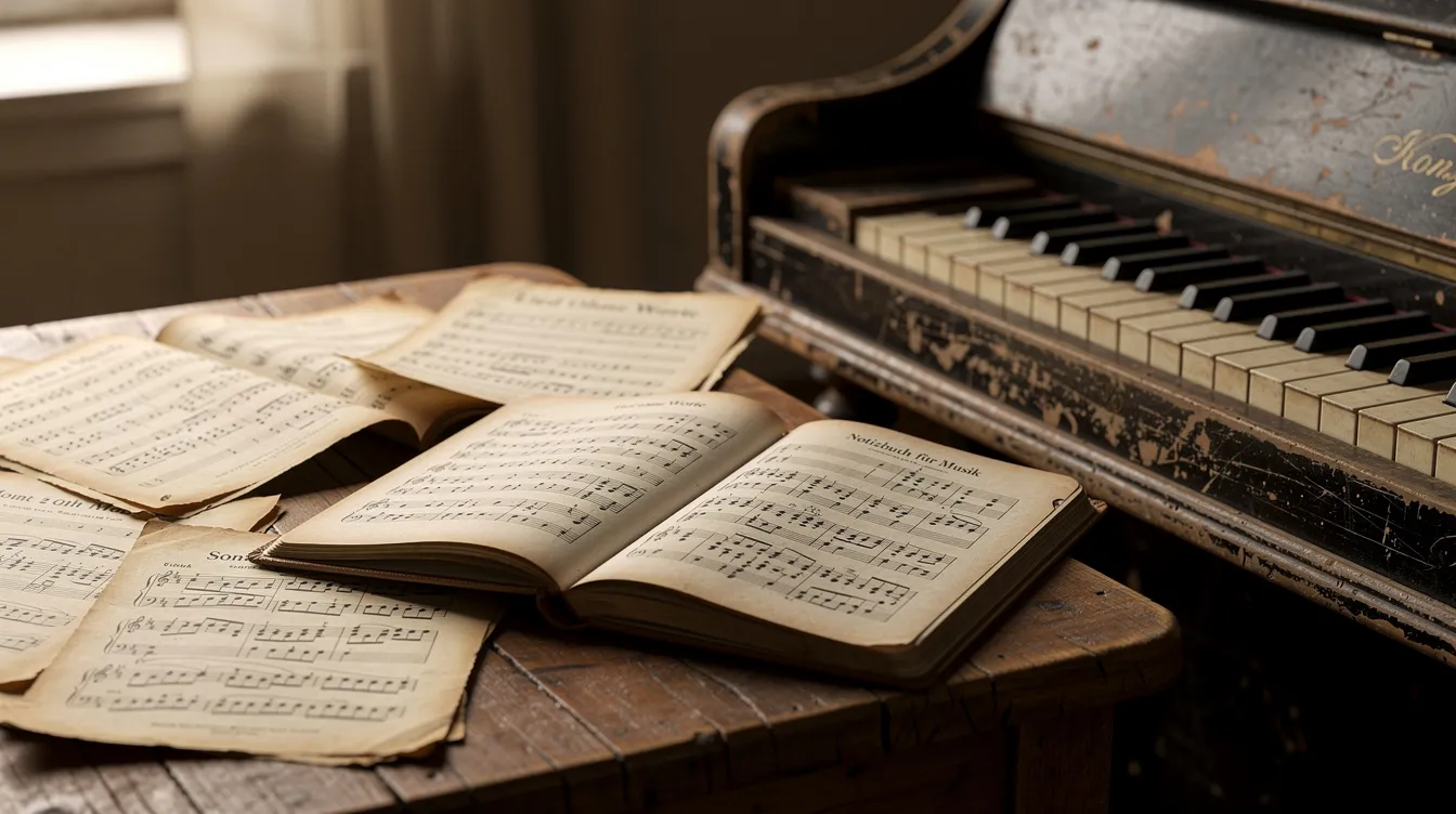 Auf einem schlichten Holztisch liegen alte Notenblätter und ein aufgeschlagenes Notenheft neben einem verwitterten Klavier, das an die Musik und die Lieder aus dem Film "Die Kinder des Monsieur Mathieu" erinnert. Die Atmosphäre strahlt eine nostalgische Verbindung zur Geschichte und den Charakteren wie Monsieur Mathieu und den Jungen aus dem Internat aus.