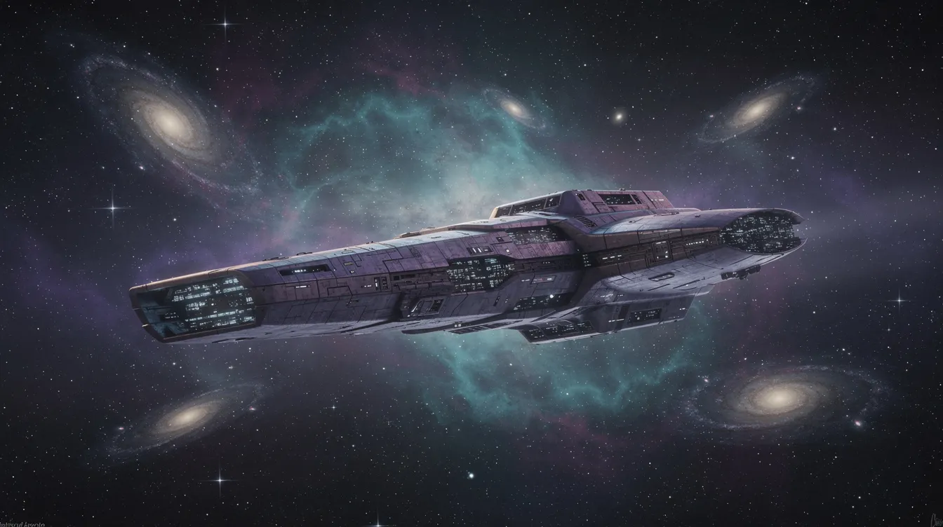 Ein majestätisches Raumschiff, das an die Raumschiff Enterprise aus der Serie "Star Trek: The Next Generation" erinnert, gleitet durch einen leuchtenden Sternennebel, umgeben von strahlenden Sternen und fernen Galaxien. Die Szene vermittelt ein Gefühl von Abenteuer und Erkundung im unendlichen Weltraum.
