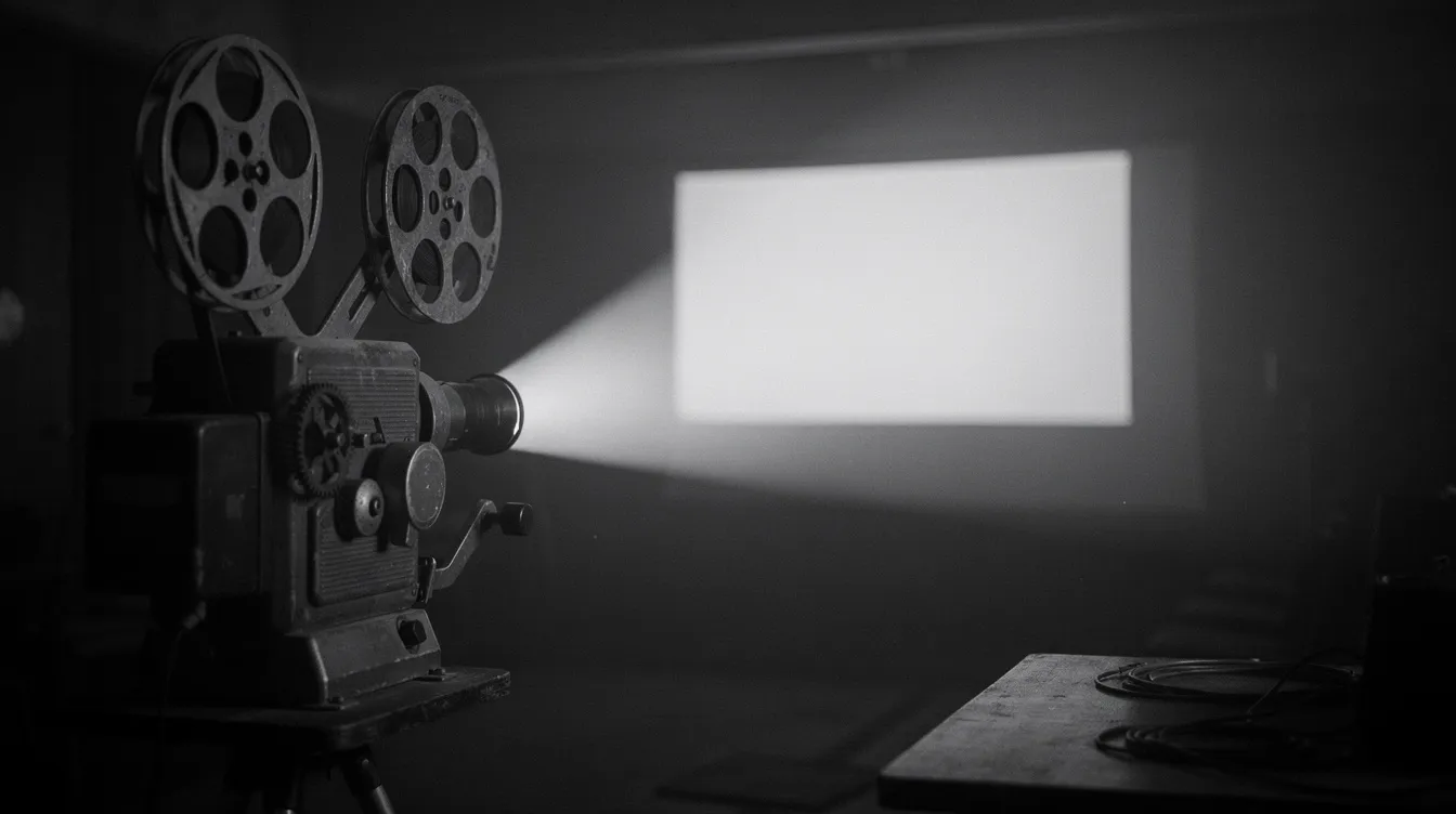 Ein alter 35-mm-Filmprojektor steht in einem dunklen Raum und wirft einen Lichtstrahl auf eine leere Leinwand, wodurch eine nostalgische Schwarzweiß-Atmosphäre entsteht. Diese Szenerie könnte an die filmische Darstellung des Holocausts in "Schindlers Liste" erinnern, einem Klassiker von Steven Spielberg.