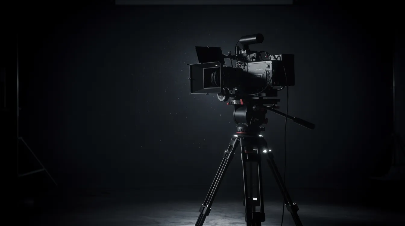 Eine professionelle Filmkamera steht auf einem Stativ in einem dunklen Raum, beleuchtet von schwachem Gegenlicht, das eine geheimnisvolle Atmosphäre schafft, die an die Überwachungsthemen in "Das Leben der Anderen" erinnert. Der Raum könnte als Kulisse für eine Filmanalyse über die Stasi und deren Einfluss auf das Leben in Ost-Berlin dienen.