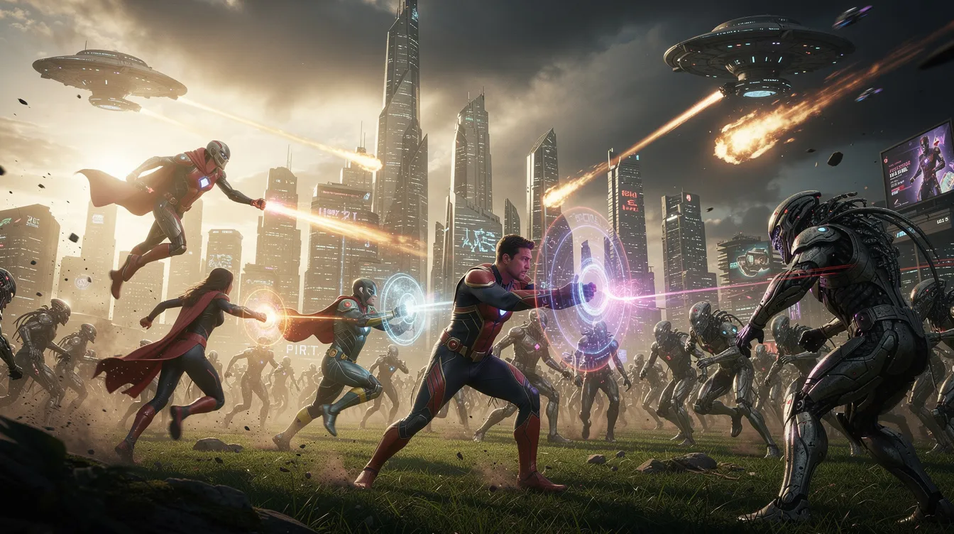 Auf einer grünen Ebene kämpfen Superhelden, darunter bekannte Figuren wie Thor und Iron Man, gegen eine bedrohliche außerirdische Armee, während im Hintergrund ein futuristisches Stadt-Panorama zu sehen ist. Diese Szene erinnert an epische Momente aus "Avengers: Infinity War", in denen die Helden alles geben, um das Universum vor dem Titanen Thanos zu retten.