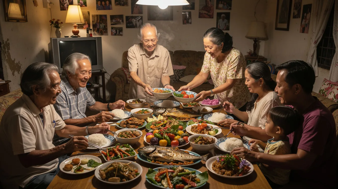 Eine südostasiatische Familie versammelt sich in einem einfachen Wohnzimmer um einen reichhaltig gedeckten Tisch mit traditionellen Gerichten, während warmes Licht die Szene erhellt. Mehrere Generationen sind anwesend, was die Bedeutung von Familie und Gemeinschaft in ihrem Leben unterstreicht.