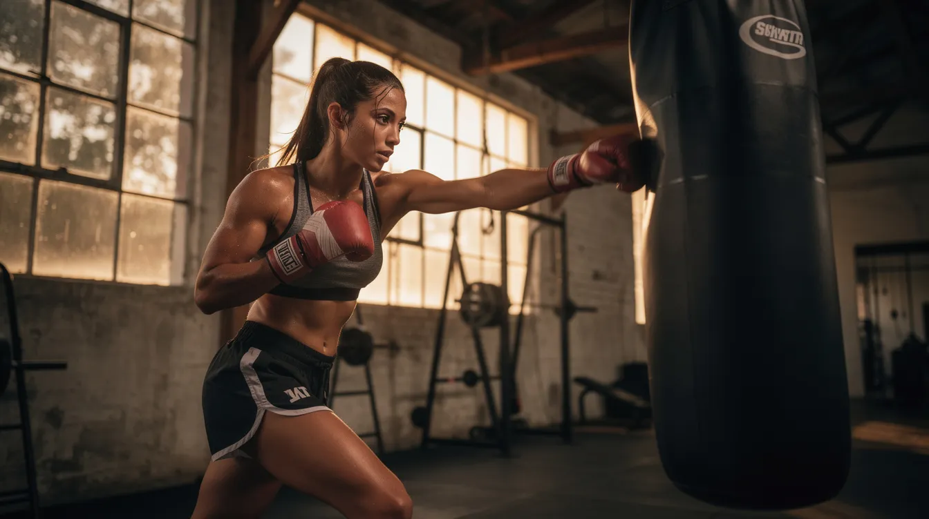 Eine junge Frau mit muskulösen Armen und einem konzentrierten Blick trainiert intensiv am Boxsack in einem rustikalen Fitnessstudio. Schweiß läuft ihr über die Stirn, während sie sich auf ihr Ziel konzentriert, ähnlich wie die Figur Maggie Fitzgerald aus "Million Dollar Baby".