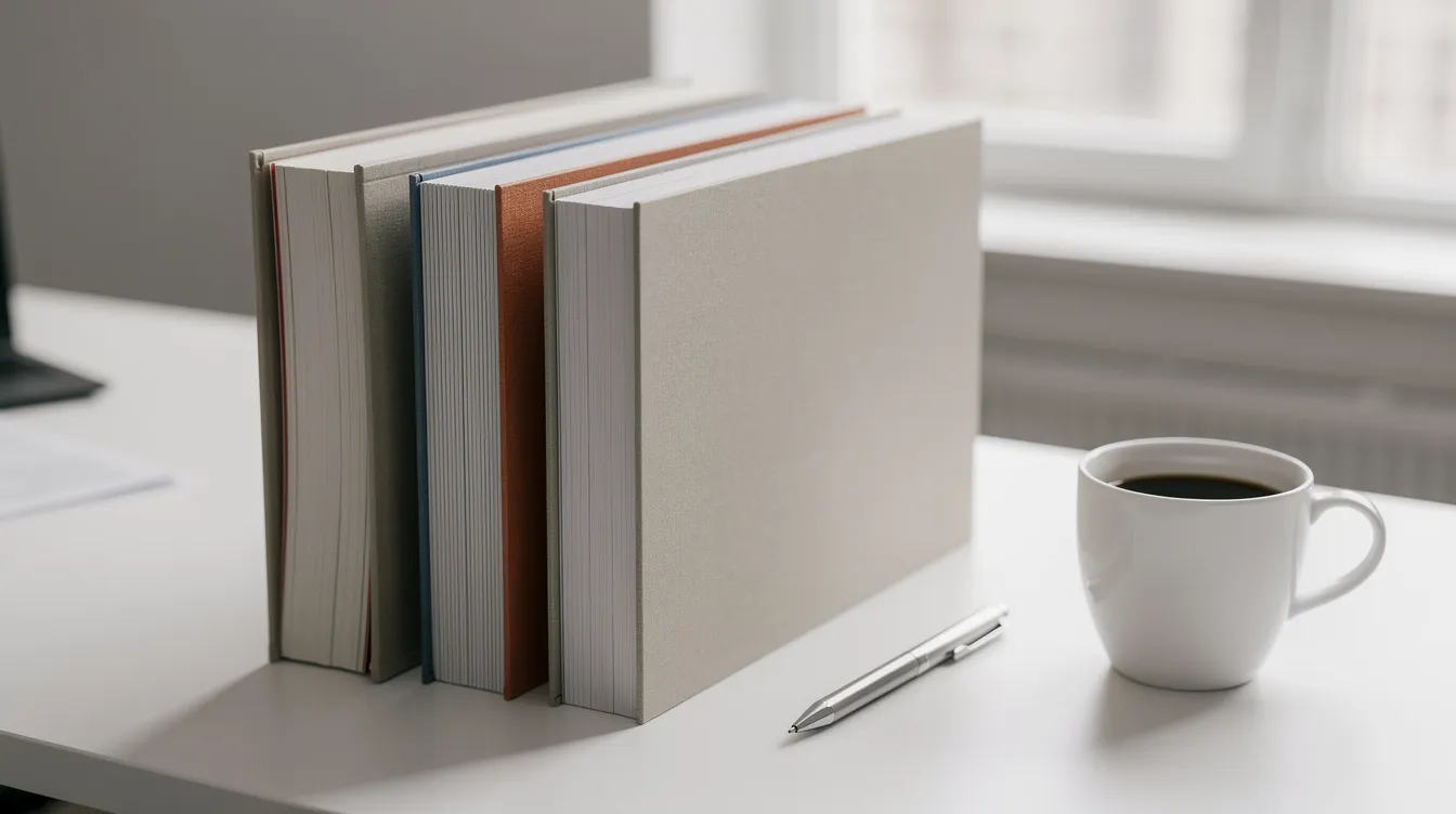 Auf einem Schreibtisch liegen drei gestapelte Dokumentmappen in unterschiedlicher Dicke, wobei die kleinste links und die dickste rechts positioniert ist. Daneben befinden sich ein Kugelschreiber und eine Kaffeetasse, die die kreative Atmosphäre für die Filmkonzeption unterstreichen.