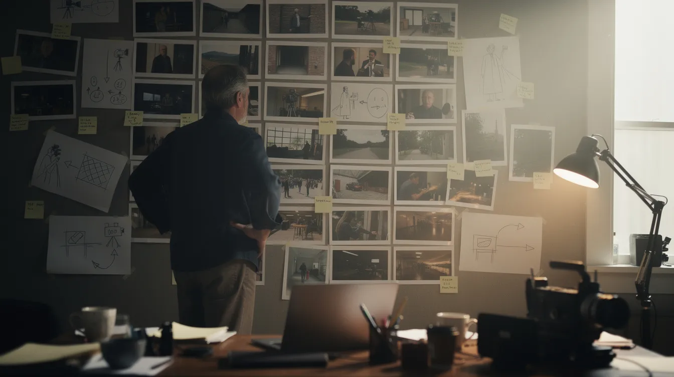 Ein Filmregisseur betrachtet konzentriert ein Storyboard an der Wand, das von Fotos und Notizzetteln mit Skizzen von Filmszenen umgeben ist. Diese Collage aus visuellen Elementen und Notizen spiegelt seine kreative Arbeit und die Würdigung seines künstlerischen Schaffens wider.