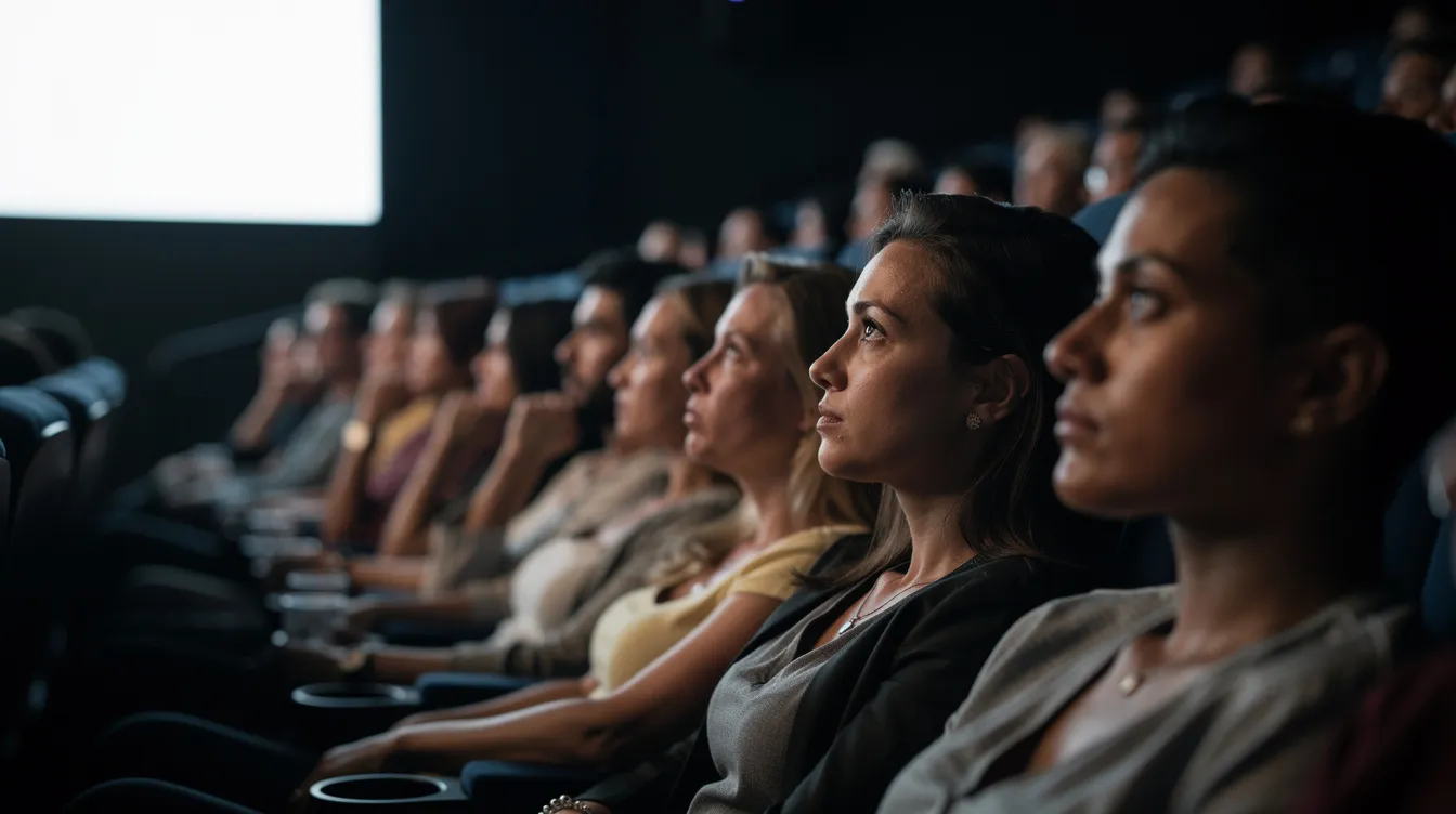 Die Nahaufnahme zeigt einen dunklen Kinosaal, in dem die Zuschauer gebannt auf die beleuchtete Leinwand starren. Die Atmosphäre ist von Spannung und Vorahnung geprägt, während die Handlung des Films auf die Ereignisse auf der Leinwand hinweist.