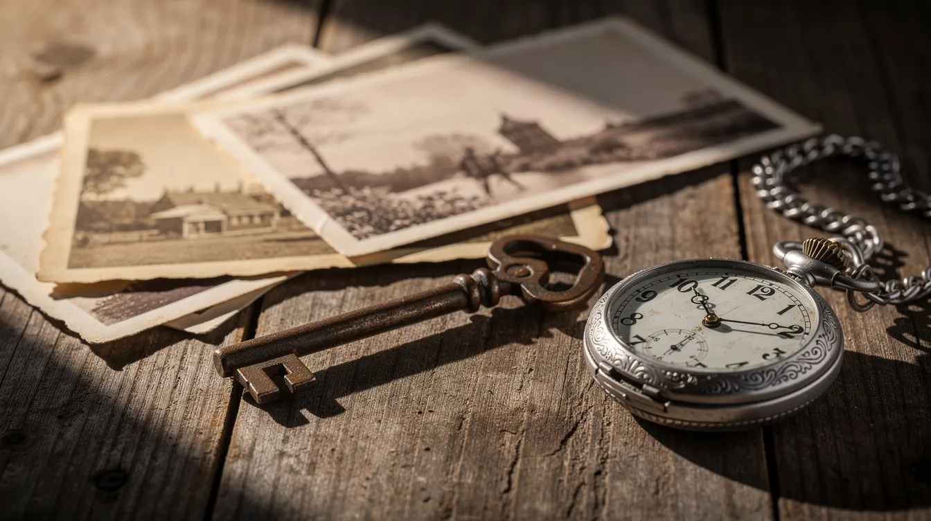 Die Detailaufnahme zeigt alte Gegenstände auf einem Holztisch, darunter verblasste Postkarten, einen antiken Schlüssel und eine Taschenuhr, während warmes Licht sanft durch ein Fenster strahlt. Diese Objekte erzählen eine Geschichte aus der Vergangenheit und laden dazu ein, über ihre Bedeutung und die Erinnerungen, die sie tragen, nachzudenken.