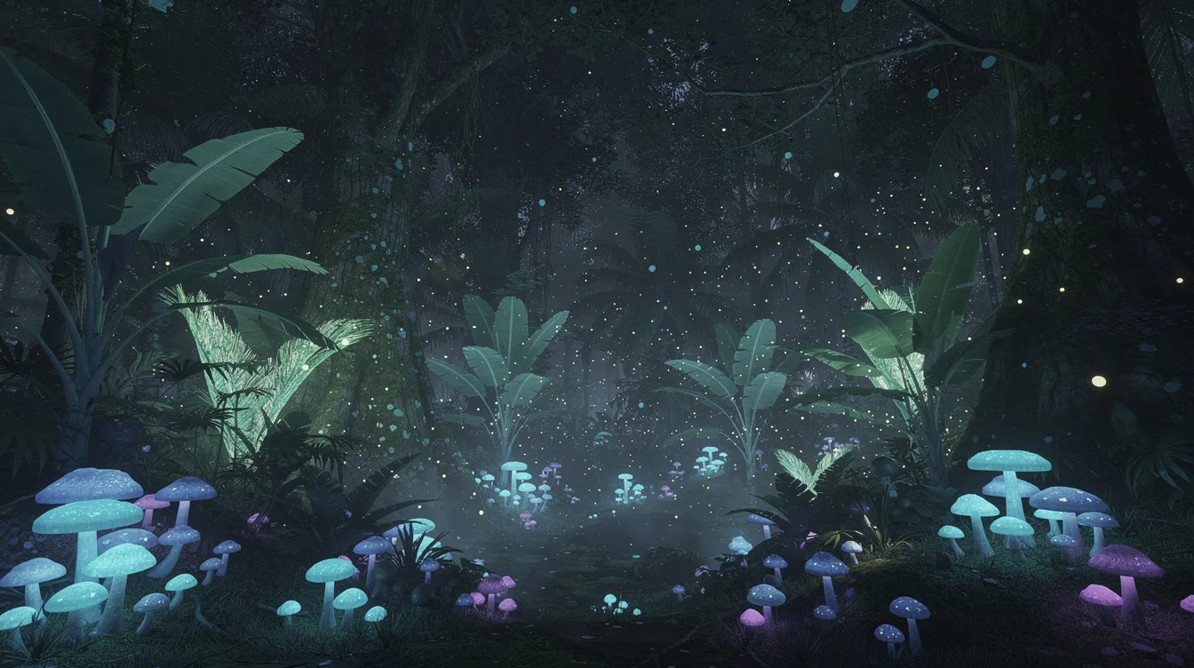 Ein biolumineszenter Wald bei Nacht zeigt leuchtende Pilze und glühende Pflanzen, umgeben von schwebenden Lichtpartikeln in einem dichten tropischen Dschungel, der an die fantastischen Welten aus dem Film "Avatar – Aufbruch nach Pandora" erinnert. Die Szene strahlt eine magische Atmosphäre aus, die die Schönheit und Mystik von Pandora einfängt.