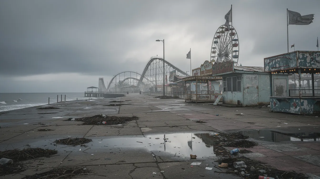 Die verwitterte Strandpromenade zeigt alte Vergnügungspark-Strukturen im Hintergrund unter einem bewölkten Himmel, was eine melancholische Atmosphäre erzeugt. Die menschenleere Szenerie erinnert an die Themen von Verlust und Sucht, die in Darren Aronofskys Werk "Requiem for a Dream" behandelt werden.